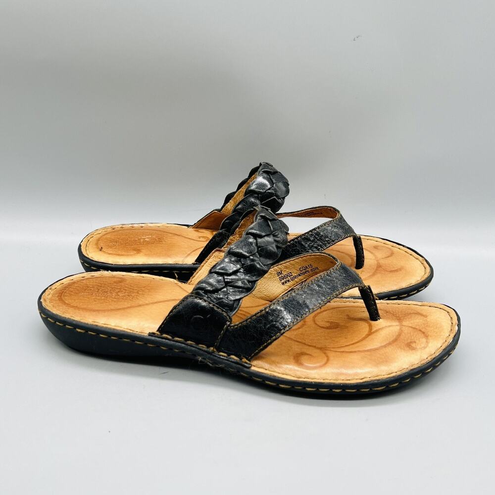 Born Sandals Womens 9 Black Leather Braided Strap Thong Slip On Comfort Shoes